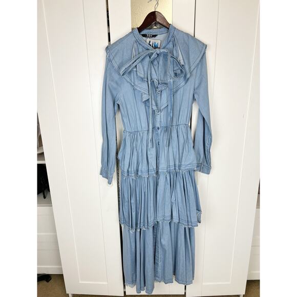 TOV NWT‎ Blue Distressed Victorian Tie Neck Ruffle Tiered Denim Dress Size XL - Picture 4 of 13